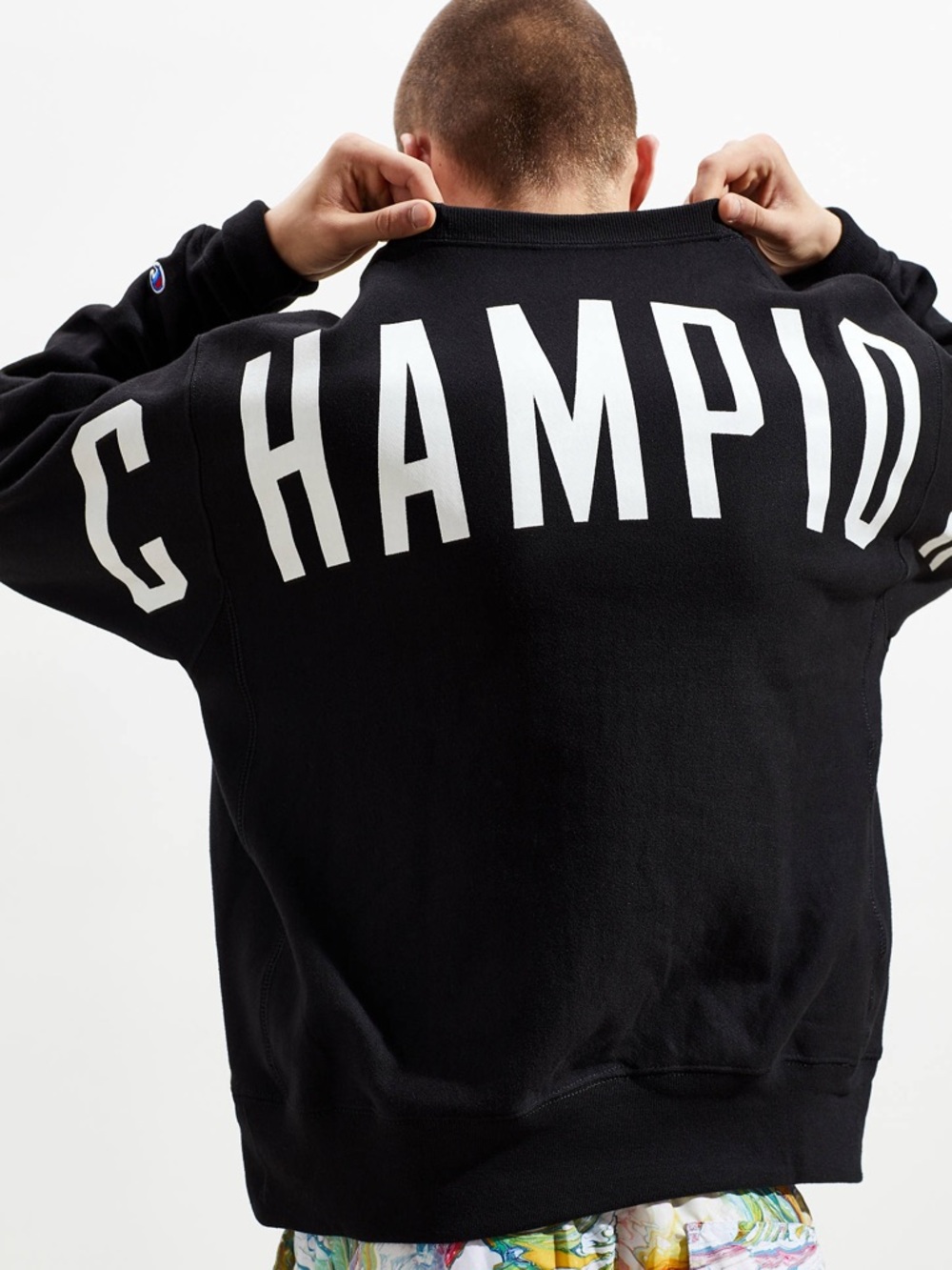 Champion Reverse Weave Black Crewneck Sweatshirt with Big Back Spellout